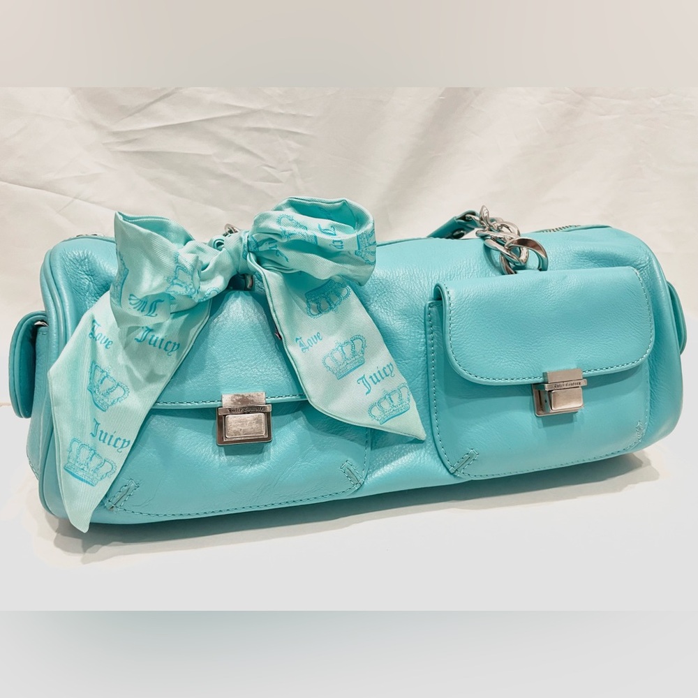 RARE NWT JUICY COUTURE VINTAGE Blue Leather Silver Accent Silk Bow Barrel Bag